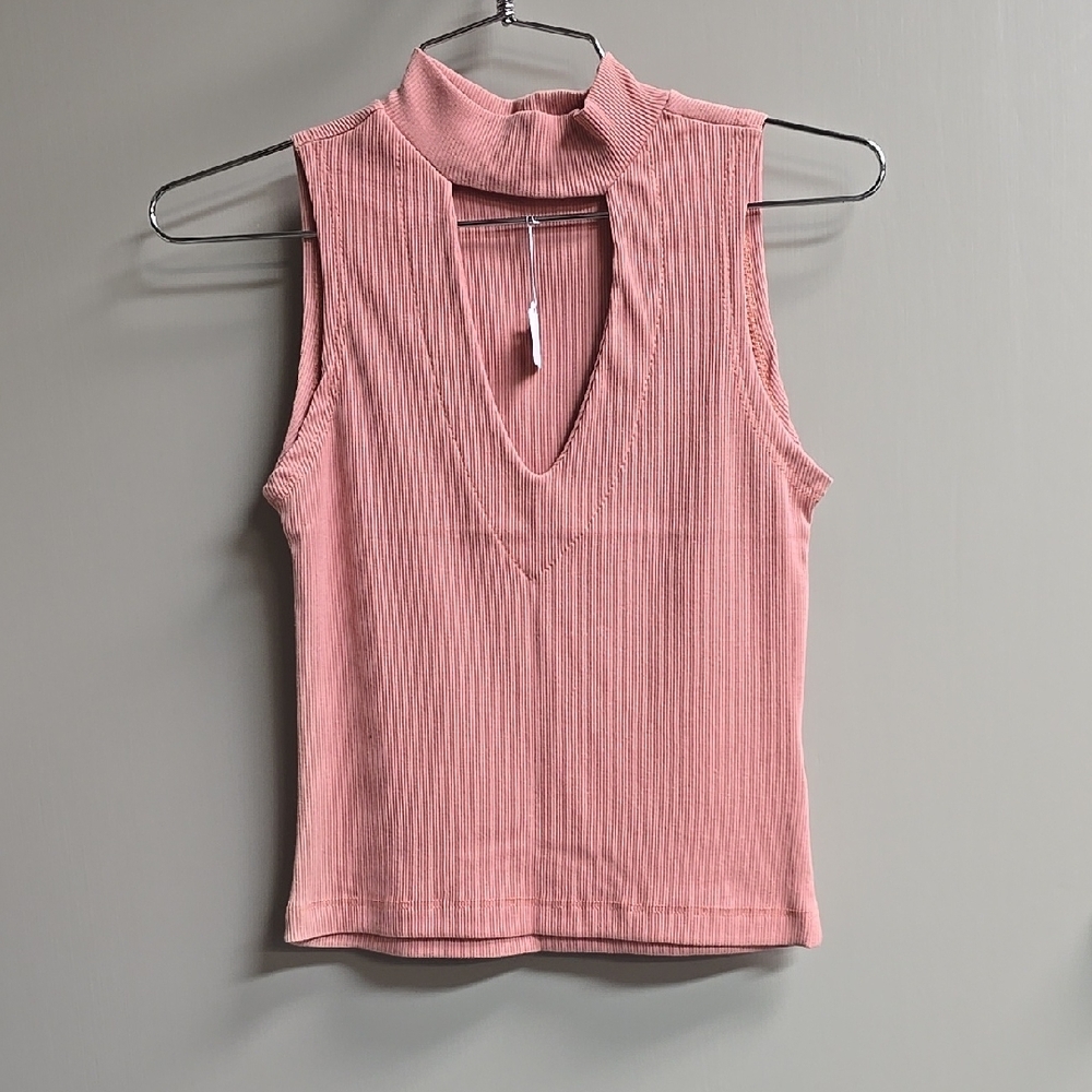 Pink Ribbed Tank Top with Mandarin Collar